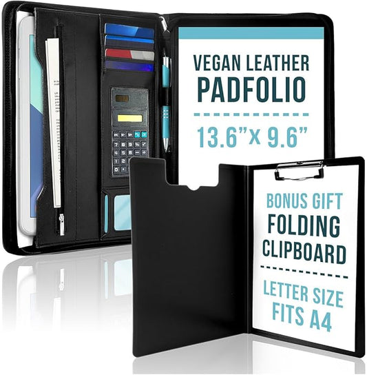 Premium Leather Portfolio Folder Set, Professional Padfolio for Women & Men, Textured Synthetic Leather, Zippered Business Binder, Clipboard, Legal Pad, A4 Notepad Holder,Interviews, Meetings
