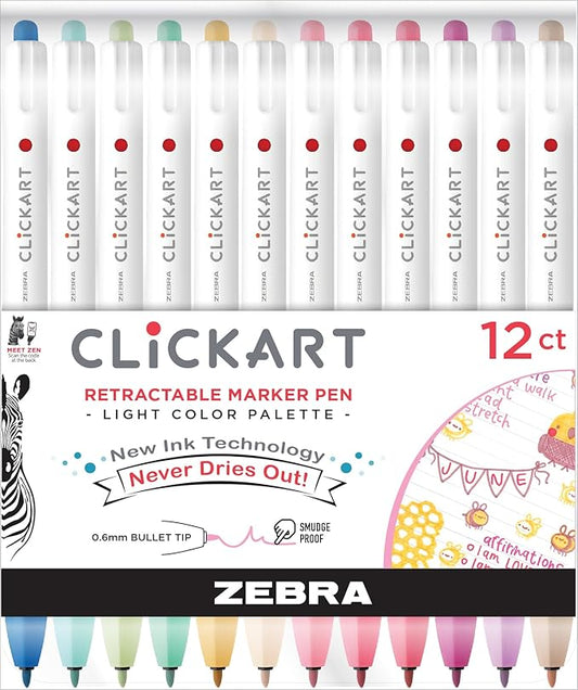 Zebra Pen ClickArt Retractable Marker Pen, Fine Point, 0.6mm, Assorted Light Ink Colors, 12-Pack