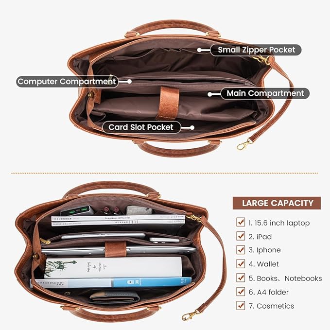 LOVEVOOK Laptop Bag for Women 15.6 Inch Tote Bags Waterproof Leather Briefcase Computer Women Business Office Work Bag,Vintage Brown