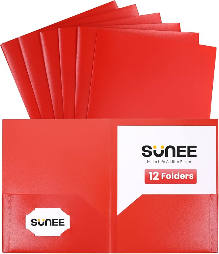 SUNEE 2 Pocket Folders (12 Pack, Red) Heavy-Duty Plastic Folders with Pockets, Fit 8.5x11 Letter Size Paper, 2-Pocket File Folders for Kids, Home, School, Office