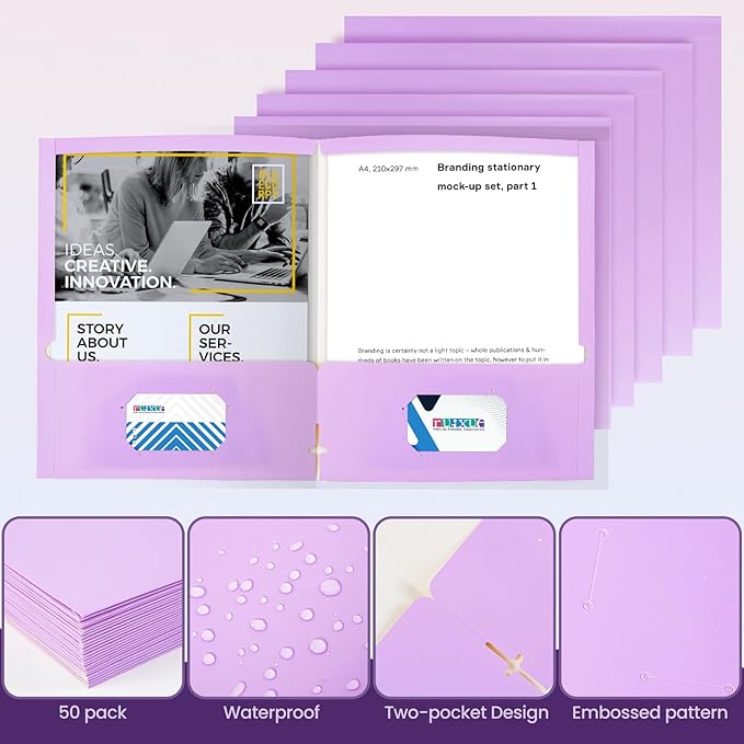 BIBRADAA® 50 Packs File Folders,File Folder with Pockets Fit Letter Size Paper,File Folders Letter Size,Durable Paper Folders for School, Office, Business. (50, Light Purple)