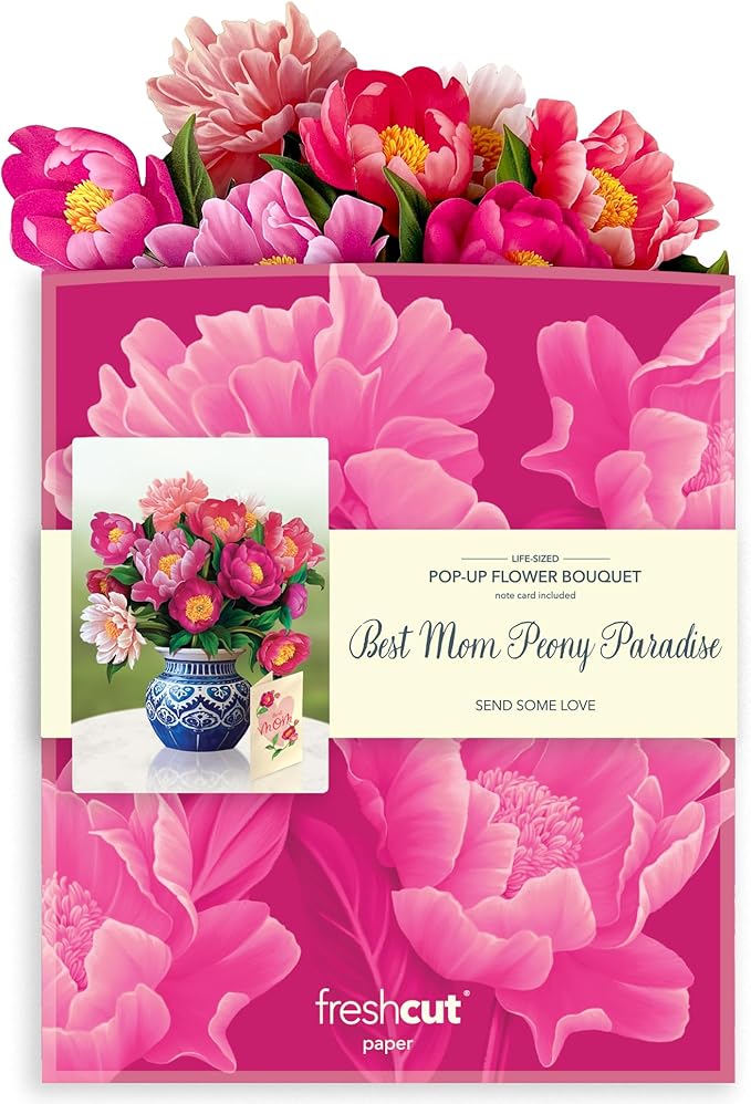 Freshcut Paper Pop Up Cards, Best Mom Peony Paradise, 12 Inch Life Sized Forever Flower Bouquet 3D Popup Greeting Card, Birthday Cards, Mother's Day Card, Blank Notecard