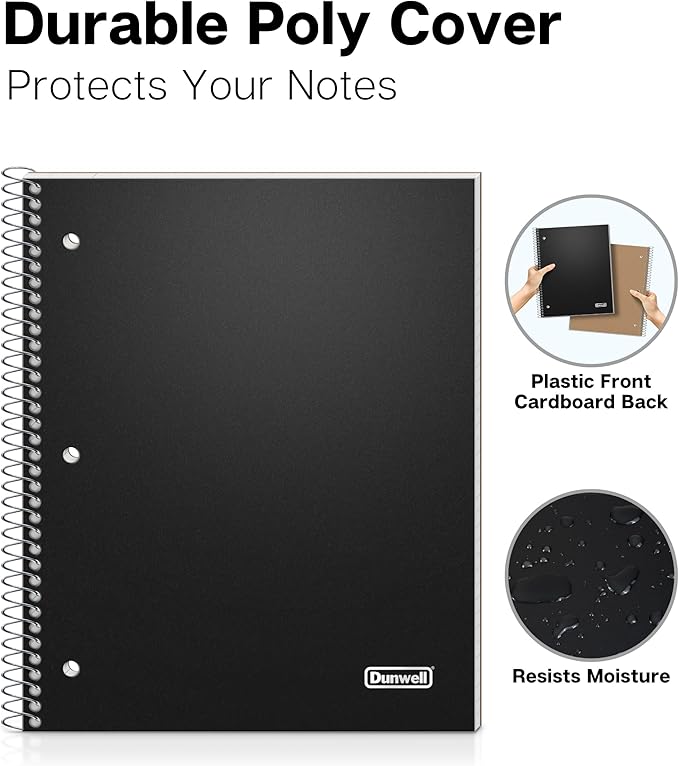 Dunwell College Ruled Spiral Notebook (Black), 1 Subject Notebook 8.5 x 11 for School, Plastic Cover, Pocket Divider, 100 Sheets (200 Pages), 3-Hole Punched Perforated 8 1/2 x 11 Paper