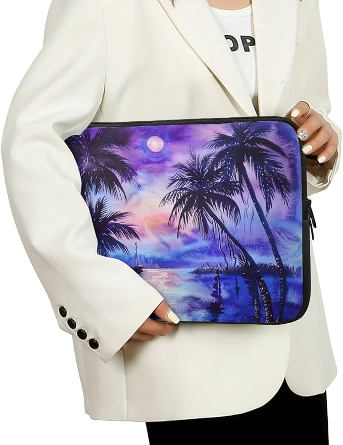 Tropical Palm Tree Laptop Sleeve for Women 15 inch Lap Top Case Portable Lightweight Computer Sleeve Laptop Pouch Slim Laptop Protector with Versatile Uses Tablet Bag Leaves Moon Purple