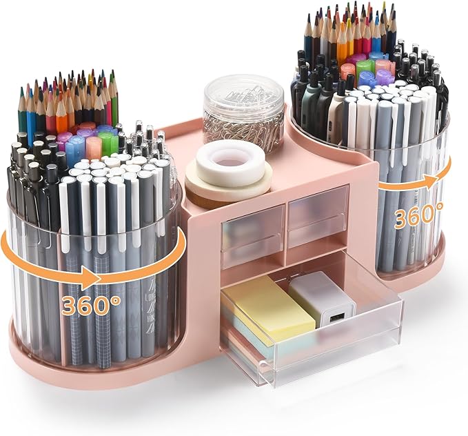 Rotating Desk Organizer with 2 Pen Holder, Desk Organizers and Accessories with 10 Slots Pencil Holder for Desk + 3 Drawer, Art Supply Storage Box Caddy for Office School Home (Pink)