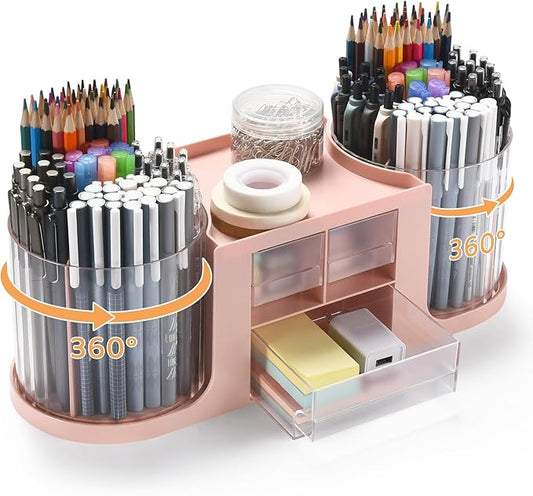 Rotating Desk Organizer with 2 Pen Holder, Desk Organizers and Accessories with 10 Slots Pencil Holder for Desk + 3 Drawer, Art Supply Storage Box Caddy for Office School Home (Pink)
