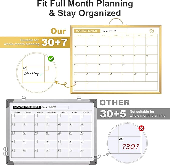 Monthly Dry Erase Board for Wall with Monthly Calendar (Gold)