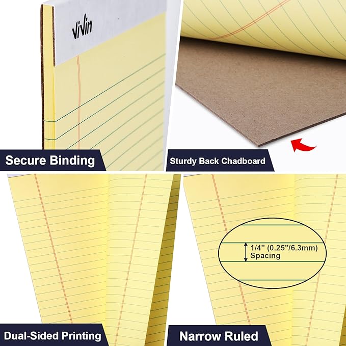 ViVin 5 x 8 Inch Legal Pads, 6 Pack, Narrow Ruled, 50 Sheets Per Writing Pad, Perforated Note Pads Ideal for Home, Office, Business, 300 Sheets (6 Pack of 50), Canary Yellow Paper