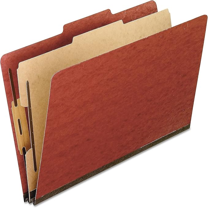 Pendaflex Pressboard Classification File Folders, 1 Divider, 2" Embedded Fasteners, 2/5 Tab Cut, Letter Size, Red, Box of 10 (1157R)