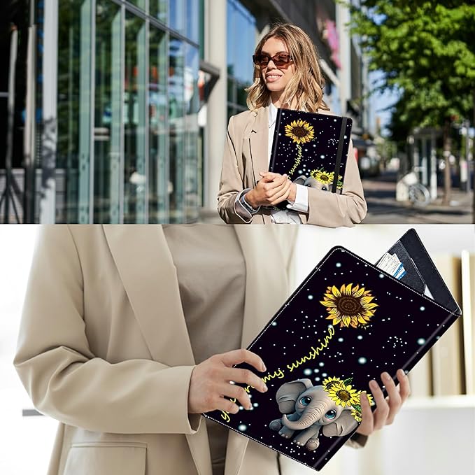 PU Leather Padfolio Folder Clipboard Portfolios Organizer Conference Document Organizer with Business Card Holder Storage Clipboard Writing Pad,Elephant Sunflower