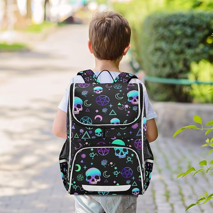 Magic Skull Backpack with Reflective Strip for Kids Boys Girls Elementary School Bag Removable Chest Strap