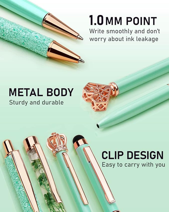 WEMATE 8Pcs Ballpoint Pens Set Metal Crystal Diamond Pen Glitter Pen for Journaling Green Pen Bling in Black & Blue Ink Pretty Cute Pens Fancy Pens Gifts for Women Wedding School Office Desk(Green)