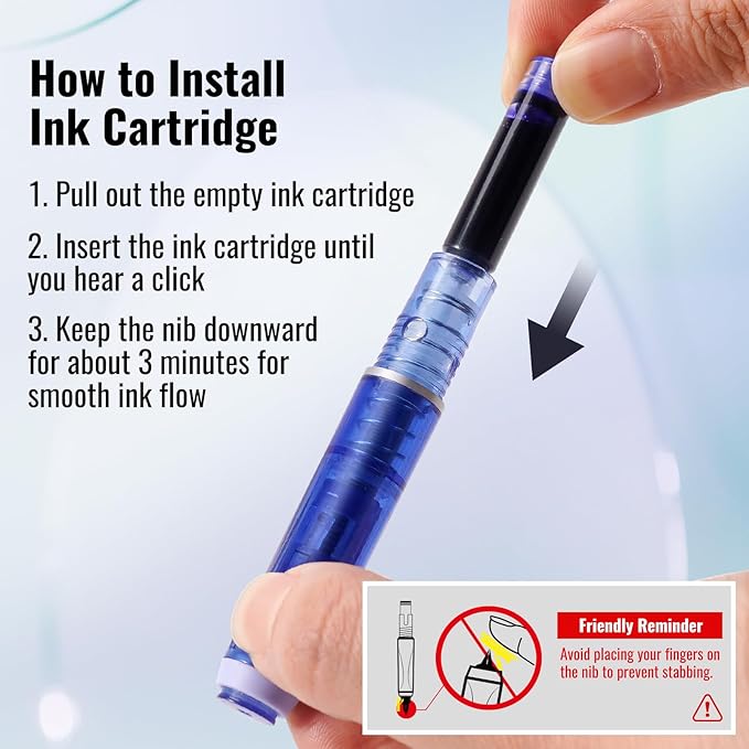 WRITECH Clictek Fountain Pen Retractable: Blue Ink Medium Nib Transparent Barrel, Gift Set Includes 5 Ink Cartridges for Smooth Writing No Leaking