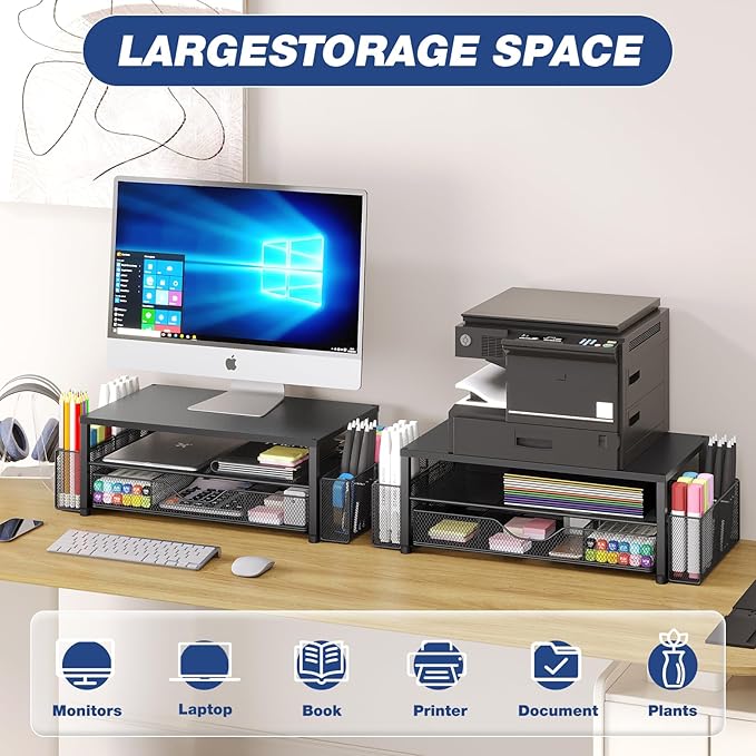 Desk Organizers and Accessories, 2-Tier Computer Monitor Stand for Desk Organizer with Drawer and 2 Pen Holders, Office Desk Accessories Workspace Desktop Organizers for Office Supplies, Black