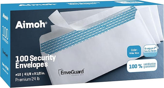 Aimoh #10 Security Self-Seal Envelopes, Windowless Design, Premium Security Tint Pattern, Ultra Strong Quick-Seal Closure -EnveGuard- Size 4-1/8 x 9-1/2 Inches -White- 24 LB - 100 Count (34010-100)