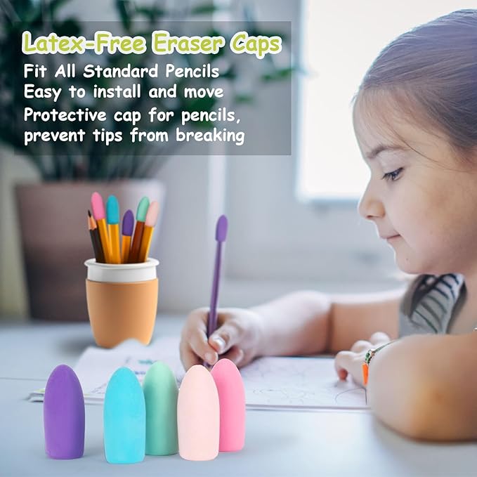 Sukh Cap Erasers for Pencils Pulk - Pencil Top Erasers 60 PCS Pencil Cap Toppers for Kids Latex Free 5 Colors School Erasers Cap for Teachers Sudents Classroom Home and Office