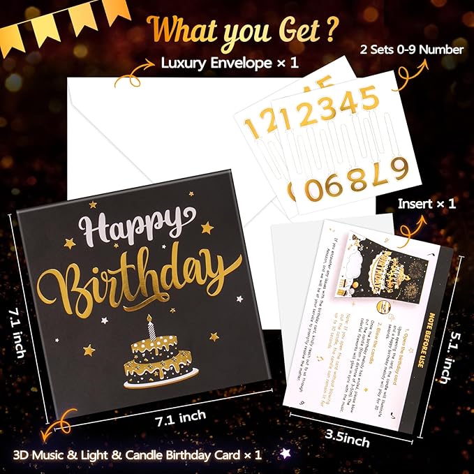 INPHER DIY Age Birthday Cards Fireworks Pop Up Cake Light and Music Black and Gold Happy Birthday Card Gift for Husband, Men, Women, Mom, Grandma
