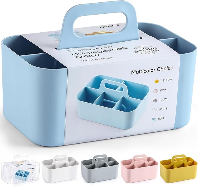 Multiuse Caddy Organizer with Handle - Stackable Plastic Tote Bin - Art Craft Supplies, Office, Desk, Stationery Pen Holder, Kitchen, Utensil, Makeup, Bathroom, Shower, Cleaning, Dorm Organizer - Blue