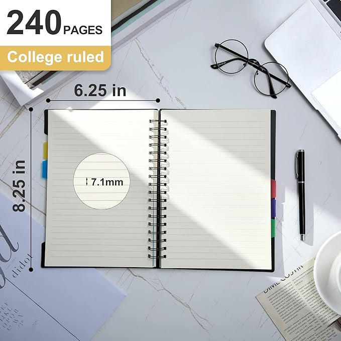 CAGIE 2 Pack Spiral Notebook for Work 5 Subject Notebook with Dividers Tabs A5 Spiral Bound Journal College Ruled 240 Pages for School Office Business Supplies Notebook Taking,5x7 (Black&Blue)