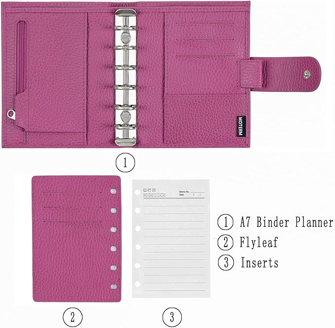 Moterm Pocket Regular Rings Planner - Genuine Leather Binder Organizer (Firm Pebbled-Fuchsia Rose, 19mm Ring)