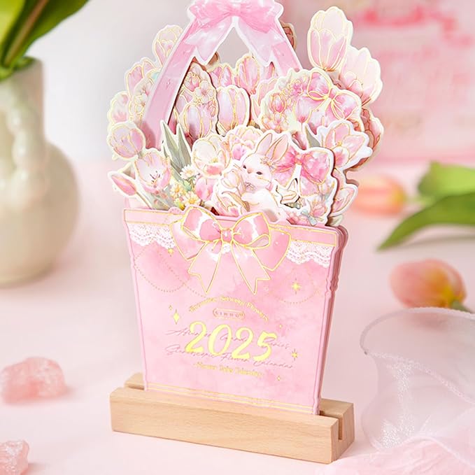 2025 Creative Desk Calendar Unique Flower Basket Shape Office Home Decor Calendar 8.5" x 6" - Tulip