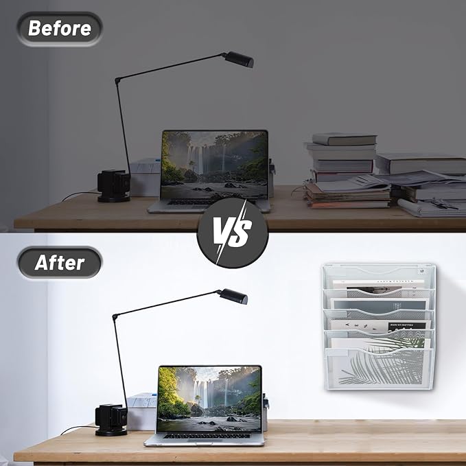 EASEPRES 5 Pocket Mesh Hanging Wall File Organizer, Wall Mounted Mail Paper Document Folder Holder, Clipboard Storage Organization Magazine Rack with Nametag Label for Office Home School, White