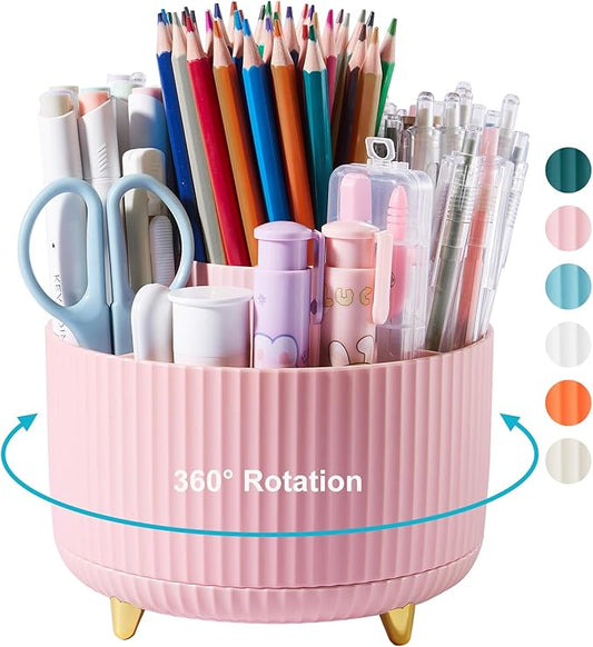 360 Degree Rotating Desk Pen Pencil Holder, 5 Slots Pencil Organizer Desk Organizers and Accessories, Cute Pen Holder for Desk, Pen Organizer Storage for Office School Home Pink