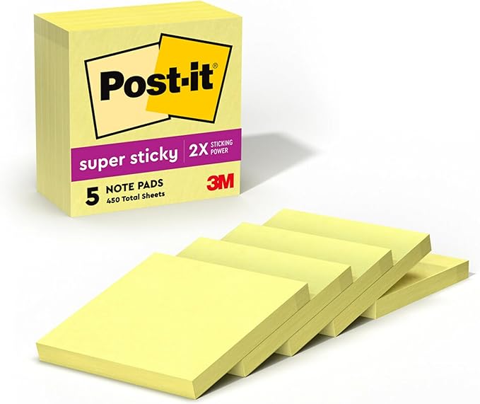 Post-it Super Sticky Notes, 5 Sticky Note Pads, 3 x 3 in., School Supplies, Office Products, Sticky Notes for Vertical Surfaces, Monitors, Walls and Windows,Canary Yellow