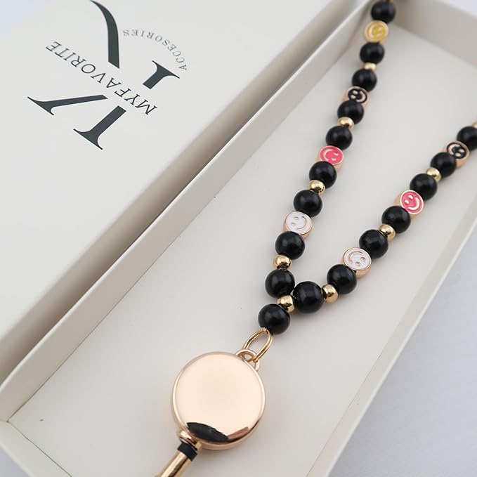 Smile Teacher Lanyard for Women with Retractable ID Badge Reel and Keychain Cute Happy Beads Lanyard