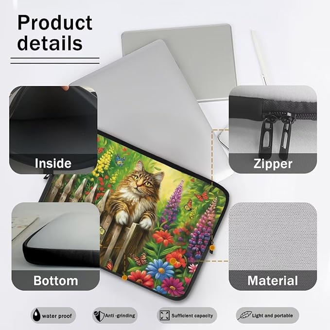 Cats Flower Printed Laptop Briefcase for Women Men, Waterproof 10 Inch Laptop Bag Messenger Bag Lightweight Laptop Case for Office Business Traveling Daily Use, Gift for Father