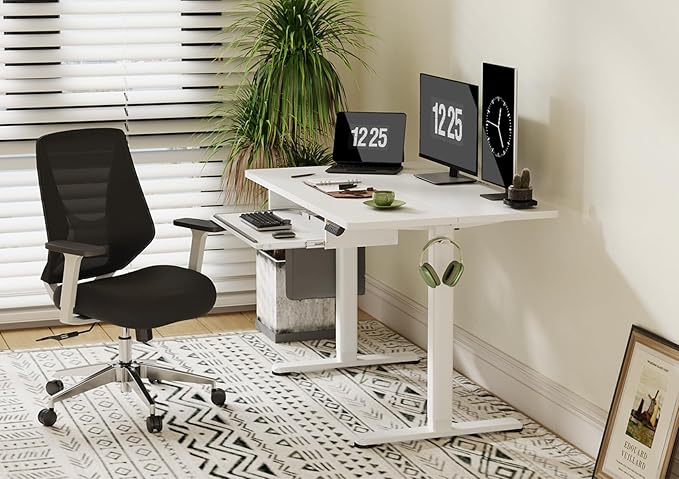 Standing Desk with Keyboard Tray, Electric Standing Desk Adjustable Height, 48x24 Inches Sit Stand up Desk with Splice Board, Raising Desk for Home Office, White