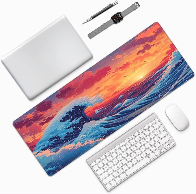 Gaming Mouse Pad Desk Pad,Extended Big Mouse Pad,31.5x11.8 Inch Long Computer Keyboard Mouse Mat Mousepad with 3mm Non-Slip Base and Stitched Edge for Gaming and Office… (Sunset Wave)