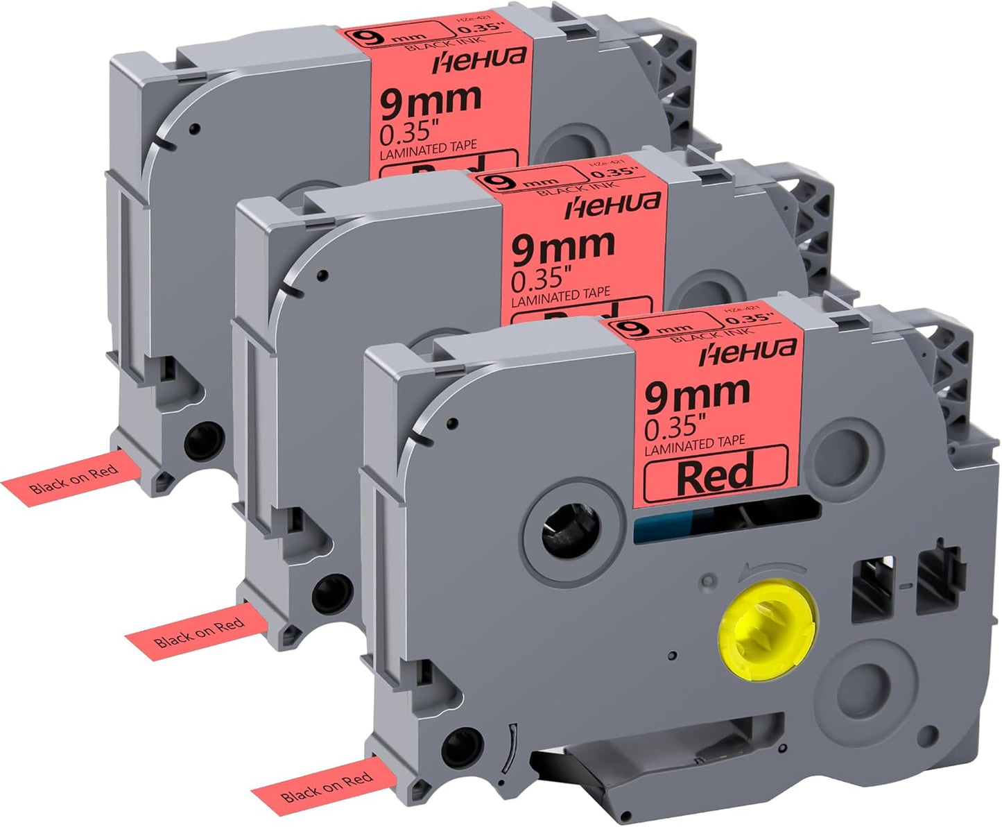 Hehua 9mm 0.35 Laminated Red Tape Compatible for Brother P-Touch TZe-421 TZe421 TZ-421 TZ421 TZe TZ Label Tape for Ptouch PT D210 D200 H110 1880, 3/8'' x 26.2ft Black on Red, 3 Pack