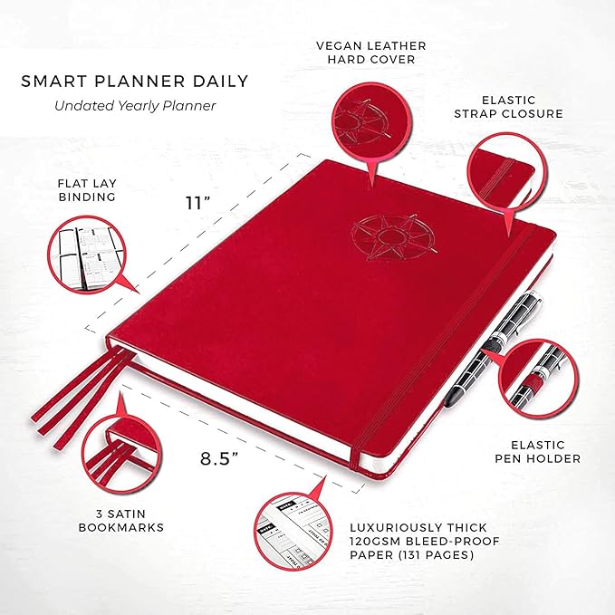 Smart Daily Planner - Achieve Goals & Increase Productivity, Time Management & Happiness - Weekly Monthly Day Planner with Gratitude Journal, Hardcover, Undated Business Planner