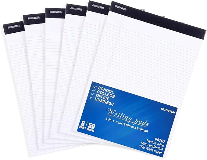 Mintra Office Legal Pads - ((BASIC WHITE 6pk, 8.5in x 11in, NARROW RULED)) - 50 Sheets per Notepad, Micro perforated Writing Pad, Notebook Paper for School, College, Office, Business