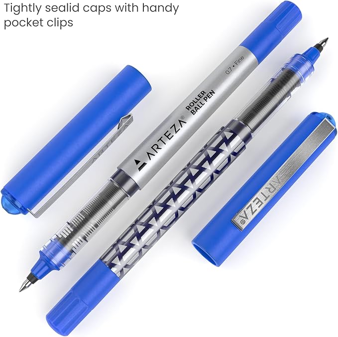 ARTEZA Rollerball Pens Pack of 20, 0.7mm Blue Liquid Ink Pens for Bullet Journaling Fine Point Rollerball