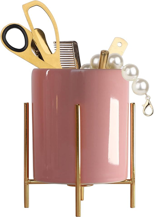 Ceramic Pen Holder Stand Cup Pencil Holder Organizer Makeup Brush Holders for Home Office Desk (Pink)