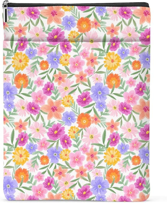 Watercolor Floral Pattern Book Lovers Gifts Waterproof Book Sleeve Book Pouch Book Protector with Zipper and Front Pocket BookCover Case for Women Girl Bride Grandma Book Accessories Book Club Gifts