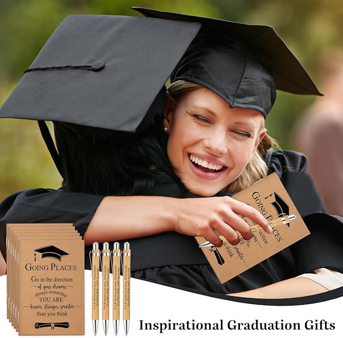 Kosiz 60 Pcs Graduation Gifts Motivational Mini Journal Inspirational Bamboo Pen Kraft Notebooks Bulk Wooden Retractable Ballpoint Pen for Class of 2025 College Gifts (Wooden)