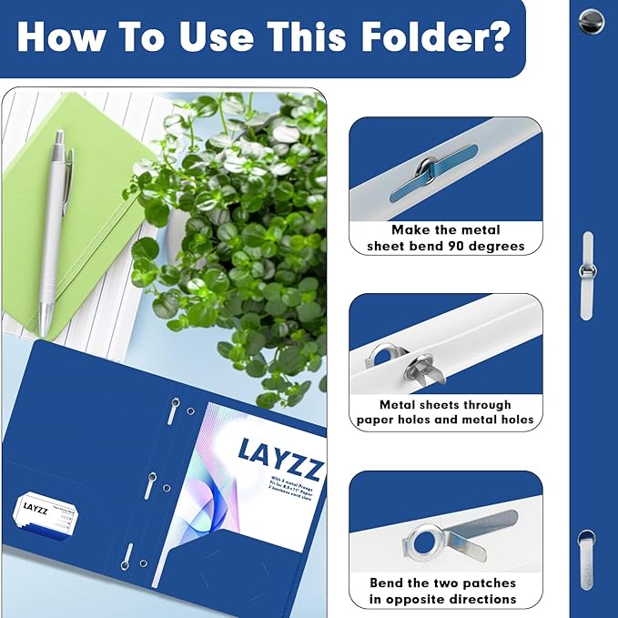 Plastic 2 Pocket Folders with Prongs, 30 Pack, Heavyweight, Letter Size Poly Folders with 3 Metal Prongs Fastener Clips (Blue)