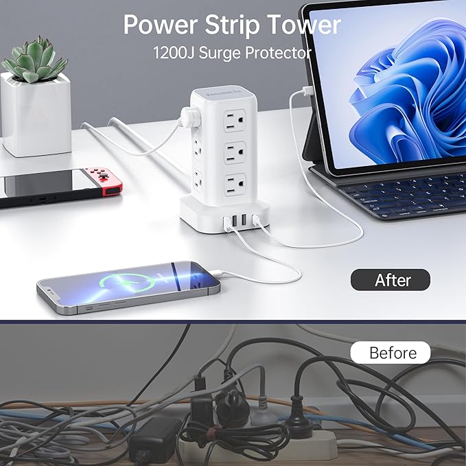 SMALLRT Power Strip Tower Surge Protector with USB 12 Outlets 4 Ports (1 C), Flat Plug 10FT Extension Cord Multi Outlet Extender Overload Protection for Home Office zyc06