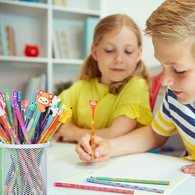 Ireer 60 Pcs Scented Pencils for Kids Animal Fruit Fun Smelly Pencils Bulk HB Graphite with 60 Pcs Cute Cartoon Toppers Gift for School Office Classroom Party Reward Supplies(Bright Style)