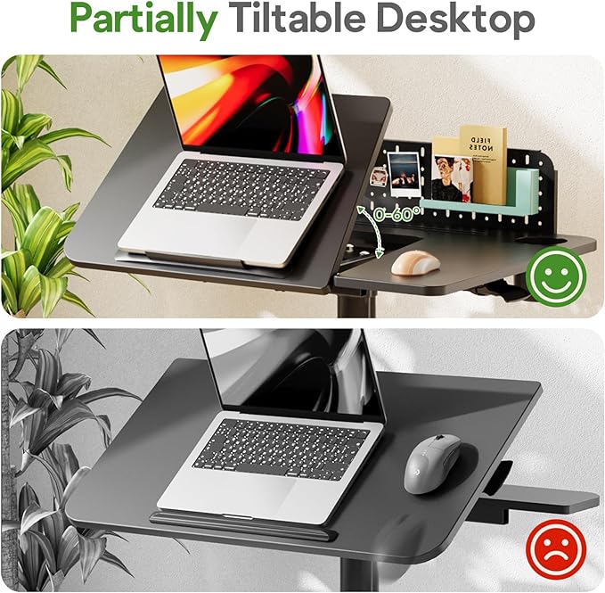 JOY worker Mobile Standing Desk with 60° Tiltable Desktop, 28" Height Adjustable Rolling Desk, DIY Pegboard & Storage Base, Portable Laptop Desk with 4 Lockable Wheels for Home Office, Black