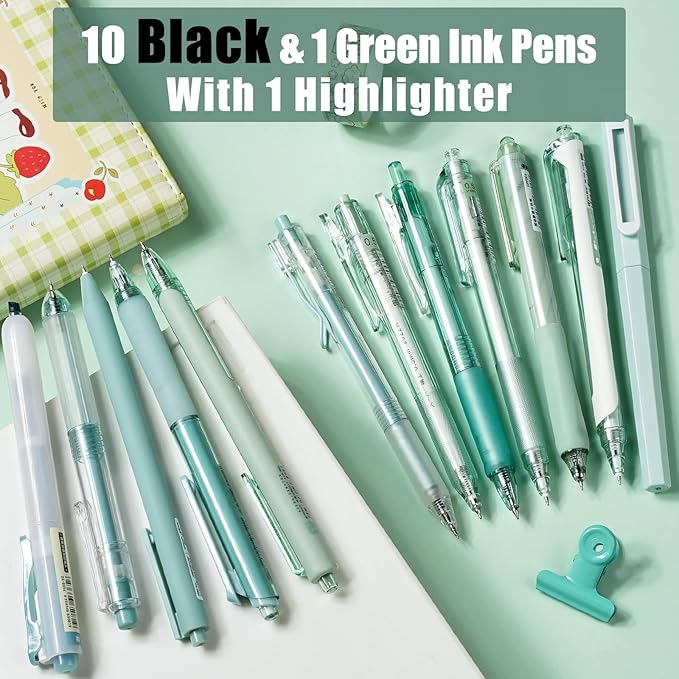 Four Candies 12Pack Pastel Gel Ink Pen Set, 11 Pack Black Ink Pens with 1Pack Highlighter for Writing, Retractable 0.5mm Fine Point Cute Note Taking Pens for School Office (Green)