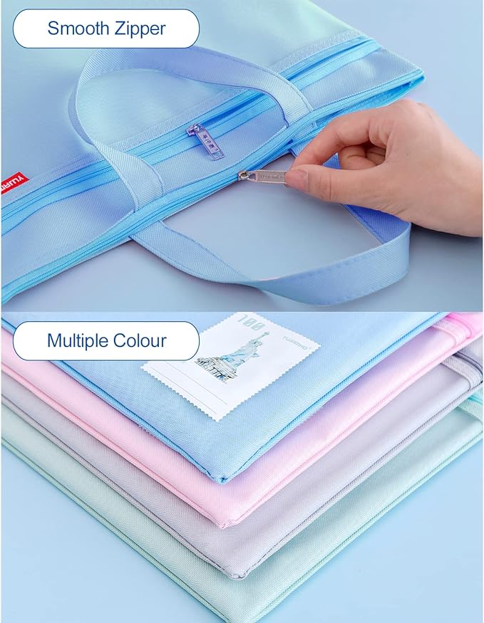 Pendancy Mesh Zipper Pouch 11x13.7 in, Large Double Pocket Waterproof File Bag with Handle, A4 Size Foldable Document Storage for Puzzle Project/Cross Stitch/Travel/Office（Blue）