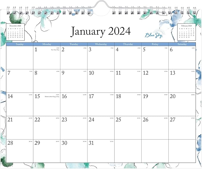 Blue Sky 2024 Monthly Wall Calendar, January - December, 11" x 8.75", Wirebound, Wide Blocks, Lindley (101593-24)