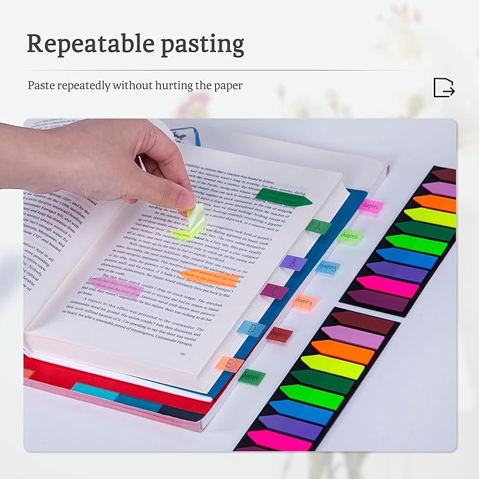Golcellia 1200 Pieces Sticky Tabs Page Markers, Book Tabs Arrow Flags Colored Writable and Repositionable Book Markers, (10 Colors, 6 Sets) Book Annotation Tabs Supplies