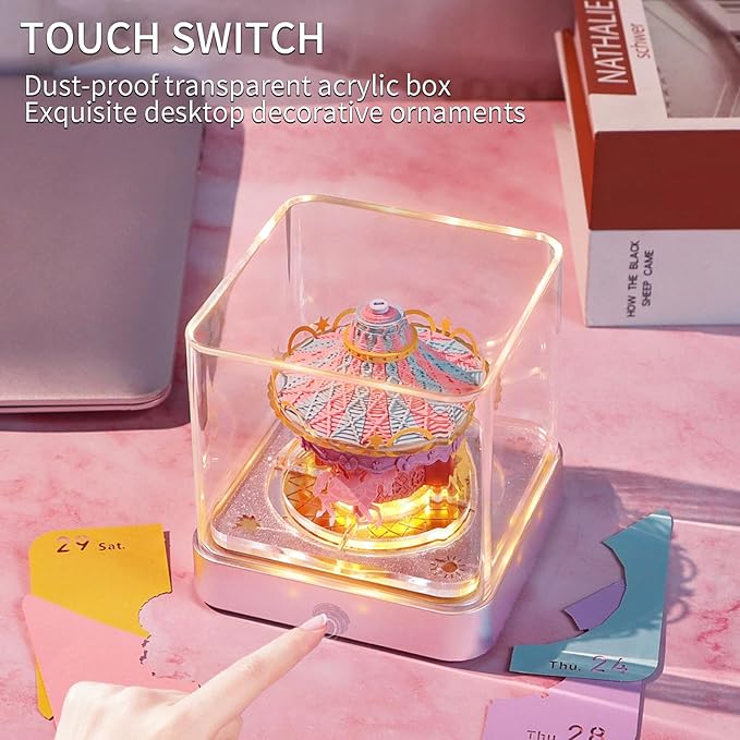 Time Piece Calendar,3D Art Calendar Memo Pad 2025 Creative Desk Calendar with Light,Carousel Rip Away Paper Carving 3D Memo Pad Art Notepad Christmas Gift