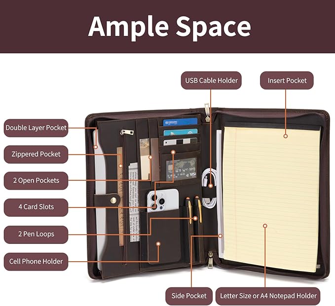 Personalized Genuine Leather Portfolio Binder, Zippered Padfolio for Men Women, Business Folio with 8.5” x 11” Notebook Holder and 13” Laptop Sleeve, Professional Folder, Dark Khaki