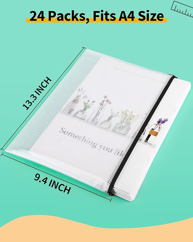 Smarpau A4/Letter Size Mesh Zipper Pouch, 24 Pack 13" x 9.4" Plastic Zipper Pouches for Organizing, Multipurpose Waterproof Zipper Bags for Travel, Office, Home Storage, Black